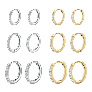 Unisex titanium steel hoop earrings with micro-pave cubic zirconia in gold and silver