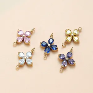 Multicolor cubic zirconia four-leaf clover charms with double rings for DIY jewelry