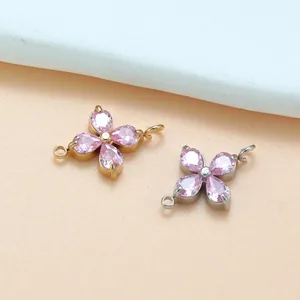 Pink zircon four-leaf clover connectors in gold and silver tones for DIY jewelry making