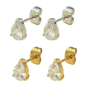 Complete set titaniumstalen oorknopjes met peervormige zirkonia in goud en zilver