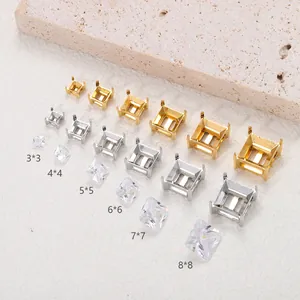 Titanium stalen vierkante klauwzettingen met zirkoon, maten 3x3 tot 8x8mm voor DIY