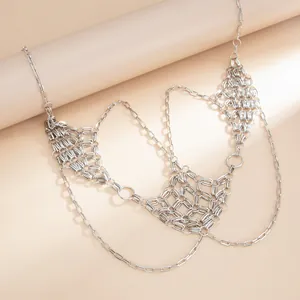 Close-up detail showing the silver diamond woven multilayer body chain belt jewelry