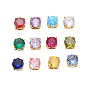 Set of 12 colorful 6mm round cubic zirconia beads with gold-plated steel settings for DIY jewelry