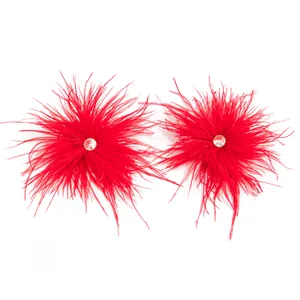 Gros plan de boucles d'oreilles en plumes rouges avec un cristal central brillant.