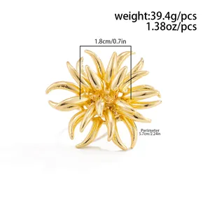 Macro view of a gold fireworks flame alloy brooch with size and weight measurements.
