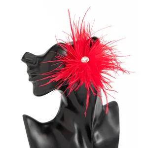 Détail d'une boucle d'oreille en plumes rouges avec un centre en strass brillant