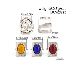 Retro French-style square gemstone ring set with carved irregular silver-tone details