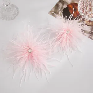 Gros plan de boucles d'oreilles élégantes en plumes roses avec un strass central.