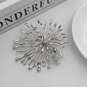 Gros plan de broche soleil argentée montrant la texture et le design abstrait chic.