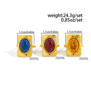 Detailed dimensions of French vintage square colorful gemstone rings with gold finish