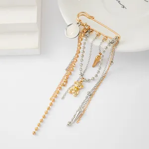 Detailed view of a fashionable DIY bear brooch with metallic tassels and bead accents