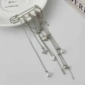Elegant silver multi-strand tassel brooch pin featuring heart star and pearl charms