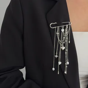 Elegant silver safety pin brooch featuring multi-layer tassels hearts and pearls charms