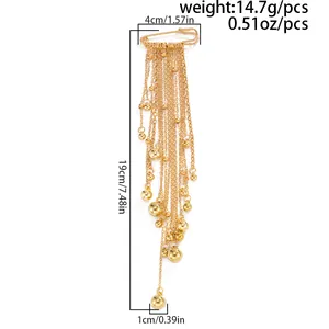 Detailed product view showing physical dimensions of long gold tassel brooch with chain.