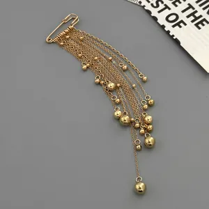 Golden multi-tassel chain safety pin brooch with hanging beads for fashion suits
