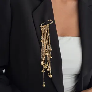 Gold multi-layer tassel chain safety pin brooch for elegant women suit blazer jewelry