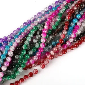 Perles en Verre Craquelé Multicolores Perles en Vrac Rondes Perles en Cristal Explosé pour Collier Bracelet Fabrication de Bijoux