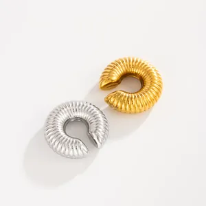 Detailed view of gold and silver stainless steel ribbed C-shaped ear cuff jewelry.
