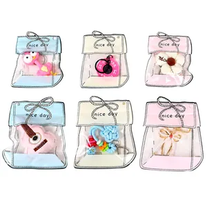 Detailed view of six cute cartoon-style transparent mini zip-lock storage bags.