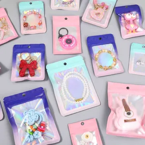 Holographic Color Jewelry Packaging Bags With Transparent Window Laser Sealing Plastic Ziplock Bags For Small Gifts Jewelry Accessories Storage