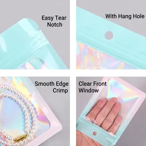 Iridescent holographic laser packaging bags with window and hanging hole for jewelry storage