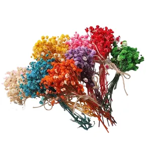 Dettaglio di mini bouquet di gipsofila essiccata colorata con spago per artigianato