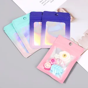 Colorful holographic window resealable bags for jewelry packaging in pink and mint green