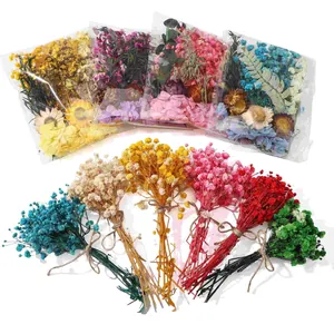 Vista dettagliata di mini bouquet di fiori secchi colorati per decorazioni fai-da-te
