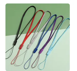Detail view showing six colorful polyester lanyards for mobile phones and keys
