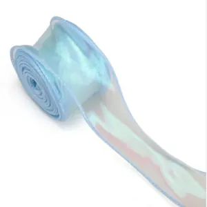 Iridescent light blue fish-tail sheer ribbon, 4cm wide for gift and flower packaging decoration