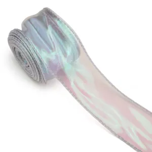 Close-up detail of 4cm wide iridescent wavy fishtail ribbon for floral gift wrapping