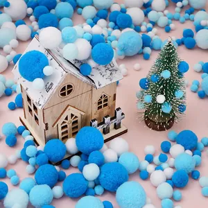 Blue and white polyester elastic pom poms for DIY crafts and winter decorations