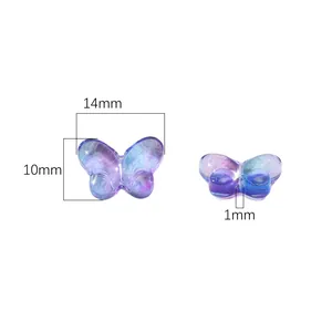 Perle papillon en verre dégradé bleu et violet avec trou de 1mm, 14x10mm