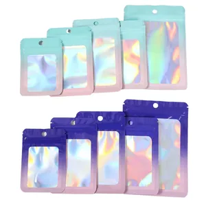 Multisize holographic laser packaging bags with clear window and resealable zipper