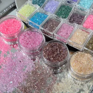 Close-up of colorful iridescent AB crushed glass crystals for nail art and DIY jewelry