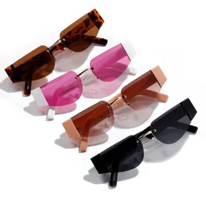 Trendige randlose Cateye-Sonnenbrille für Damen in verschiedenen Retro-Farben und Designs.