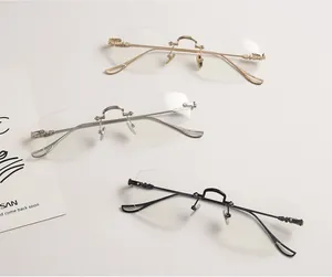 Retro rimless rectangular glasses with carved metal temples in gold silver and black