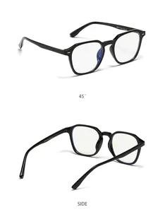 Vista detallada de monturas de gafas cuadradas negras de TR90 desde ángulos de 45° y lado