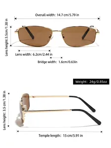 Detailed dimension diagram of Y2K metal square frame sunglasses showing size specs