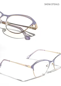 Detailansicht des filigranen Designs der lila-goldenen Cat-Eye-Brille aus Edelstahl
