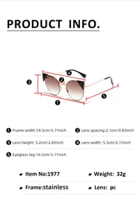 Detail showing dimensions of metal cat-eye sunglasses with brown gradient lenses