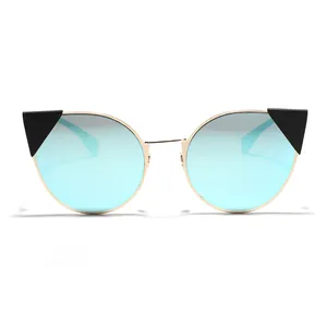Modern cat-eye metal sunglasses featuring blue mirrored lenses and black triangular accents