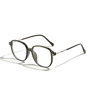 Fashionable oversized TR90 frame glasses in dark olive green with silver metal temples