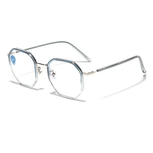 Retro geometric TR90 metal frame glasses with transparent blue rims and clear lenses