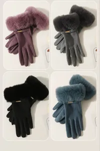 Detail view of warm winter gloves in four colors with plush faux fur trim and gold accents.