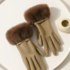 Elegant women's khaki winter gloves with plush brown faux fur cuffs for premium warmth