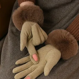 Elegant warm winter gloves with luxurious faux fur cuffs and touchscreen finger design.