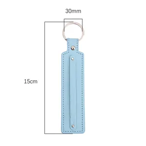 Light blue leather keychain strap with silver ring and size markings for DIY gifts