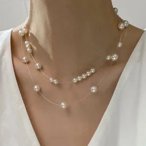 Double Layer Starry Artificial Pearl Floating Necklace For Women Elegant Transparent Fishing Line Chain Choker Daily Jewelry