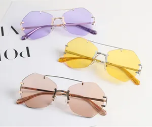 Irregular rimless metal double bridge sunglasses in three vibrant colorful lens options